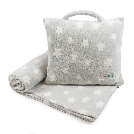 VigorSpring Travel Pillow and Blanket Set - Portable Comfort Item for Children - Grey Star Soft Kids Pillow Blanket (Star)
