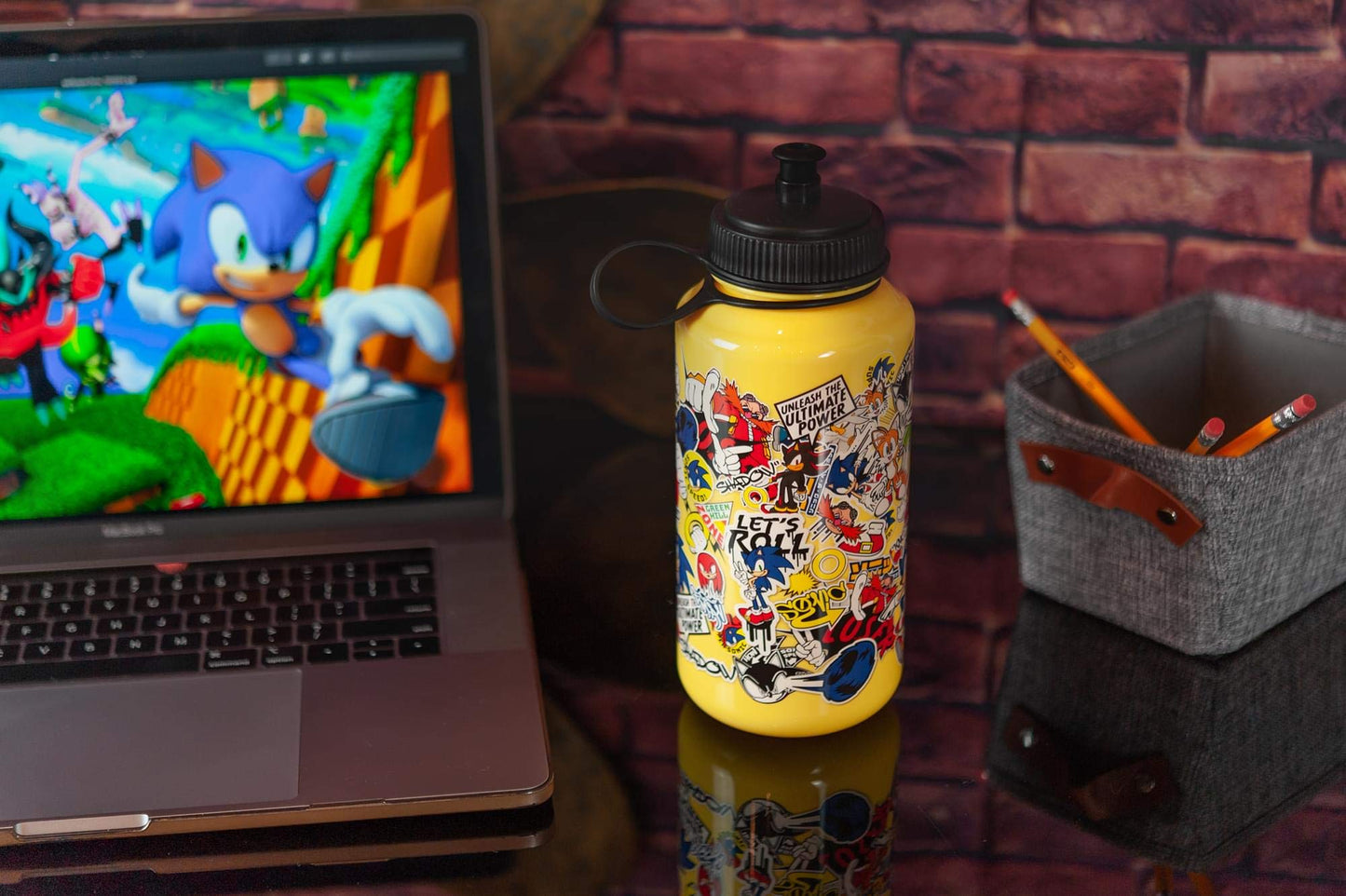 Sonic The Hedgehog Sticker Bomb Large Plastic Water Bottle | Unique Classic Yellow Water Bottle | Loaded With Sonic Artwork | Holds 32 Ounces