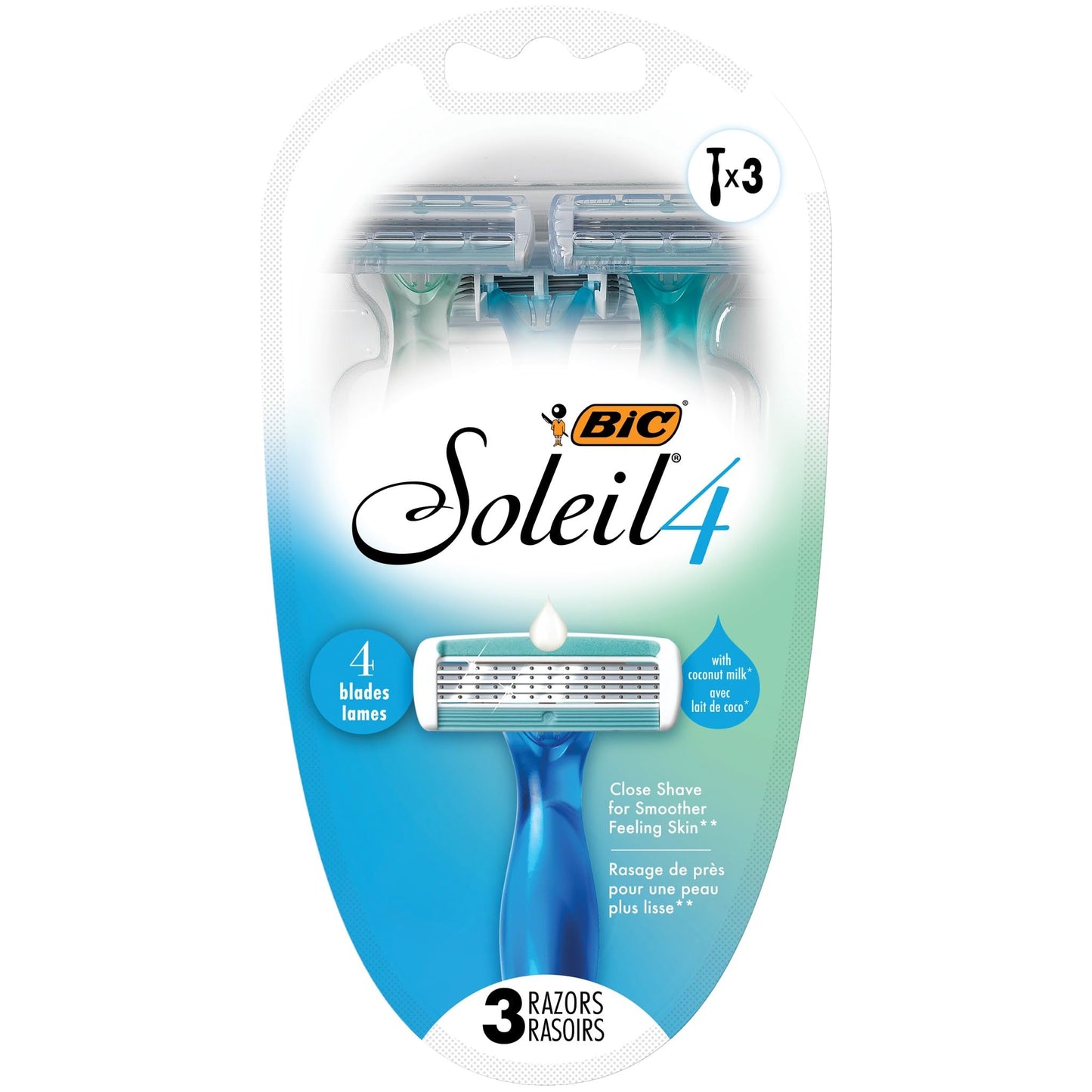 BIC Soleil 4 Women's Disposable 4 Blade Razors, Flexible Blades and Rubber Grip Handle, 3-Pack