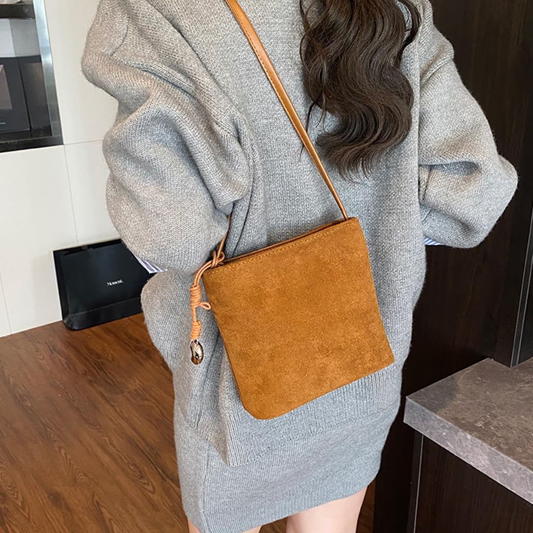 Mini Suede Bucket Bags for Women Suede Slouchy Shoulder Bag Crossbody Bags Vintage Fall Purse Hobo Handbag Work Travel (Brown)