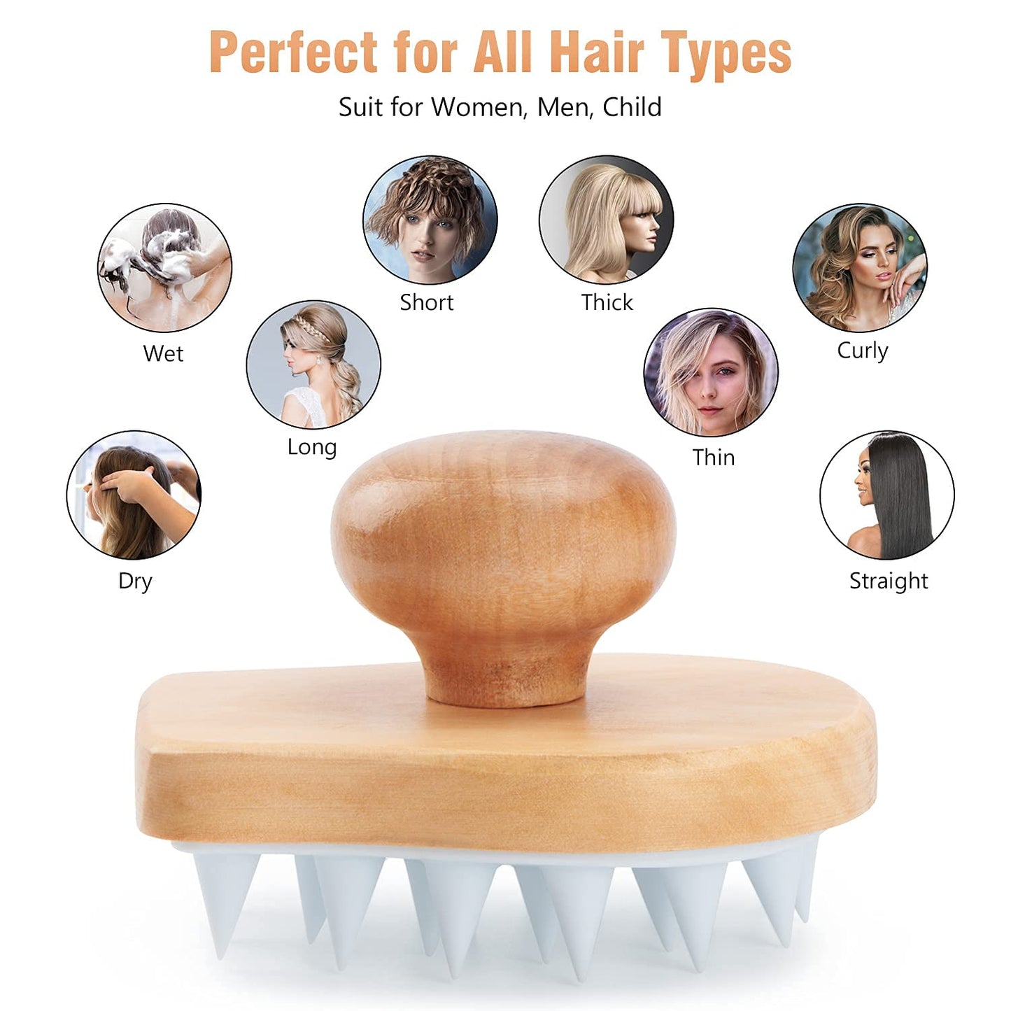 Hangerspace Scalp Massager Shampoo Brush, Wooden Wet and Dry Hair Scalp Care Brush, Shower Brush Scalp Scrubber Exfoliator with Soft Silicone Bristles
