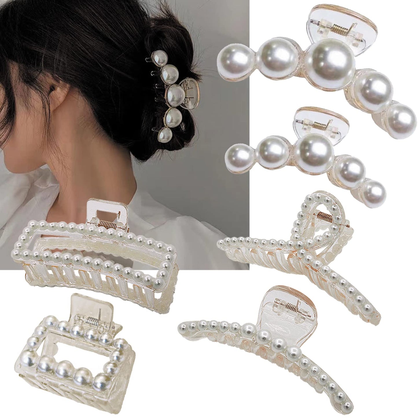 6 Pcs Pearl Hair Clips for Women Large Claw Clips for Thin Thick Hair White Hair Claw Clips for Wedding Gift Nonslip Hair Accessories for Women