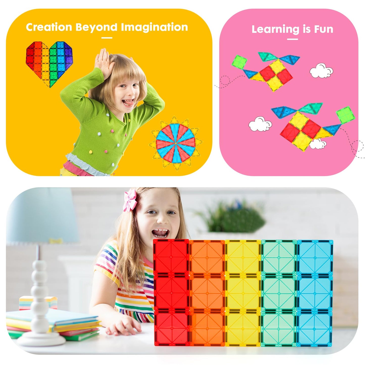 Gemmicc Magnetic Tiles 136pcs Deluxe Set – 3D Magnet Building Blocks & Stacking Puzzles with 2 Cars for Kids Boys & Girls