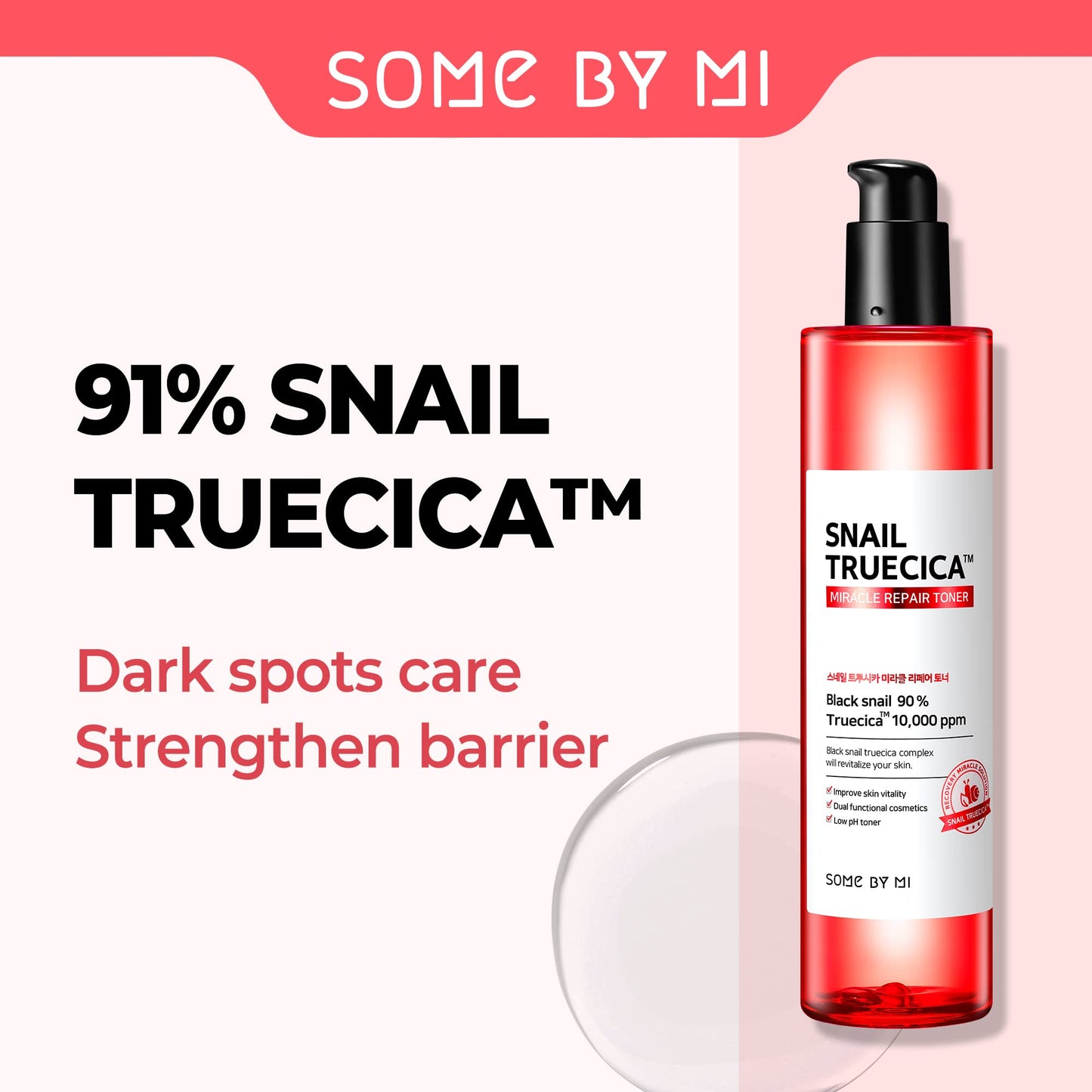SOME BY MI Snail Truecica Miracle Repair Toner - 4.6Oz, 135ml - Made from Snail Mucin for Sensitive Skin - Daily Repair Face Toner with Skin Texture