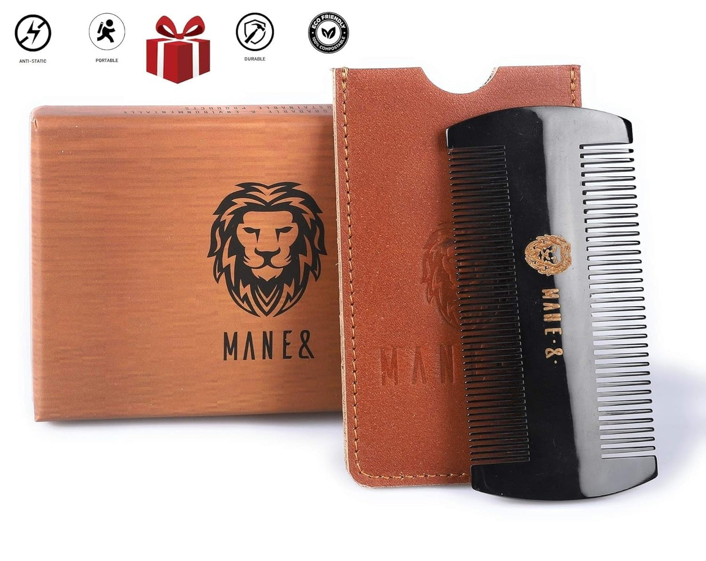 Premium 100% Oxhorn Dual-Action Beard Comb with Genuine Leather Case - the Perfect Beard Grooming Gift for Men by Man & Mane.