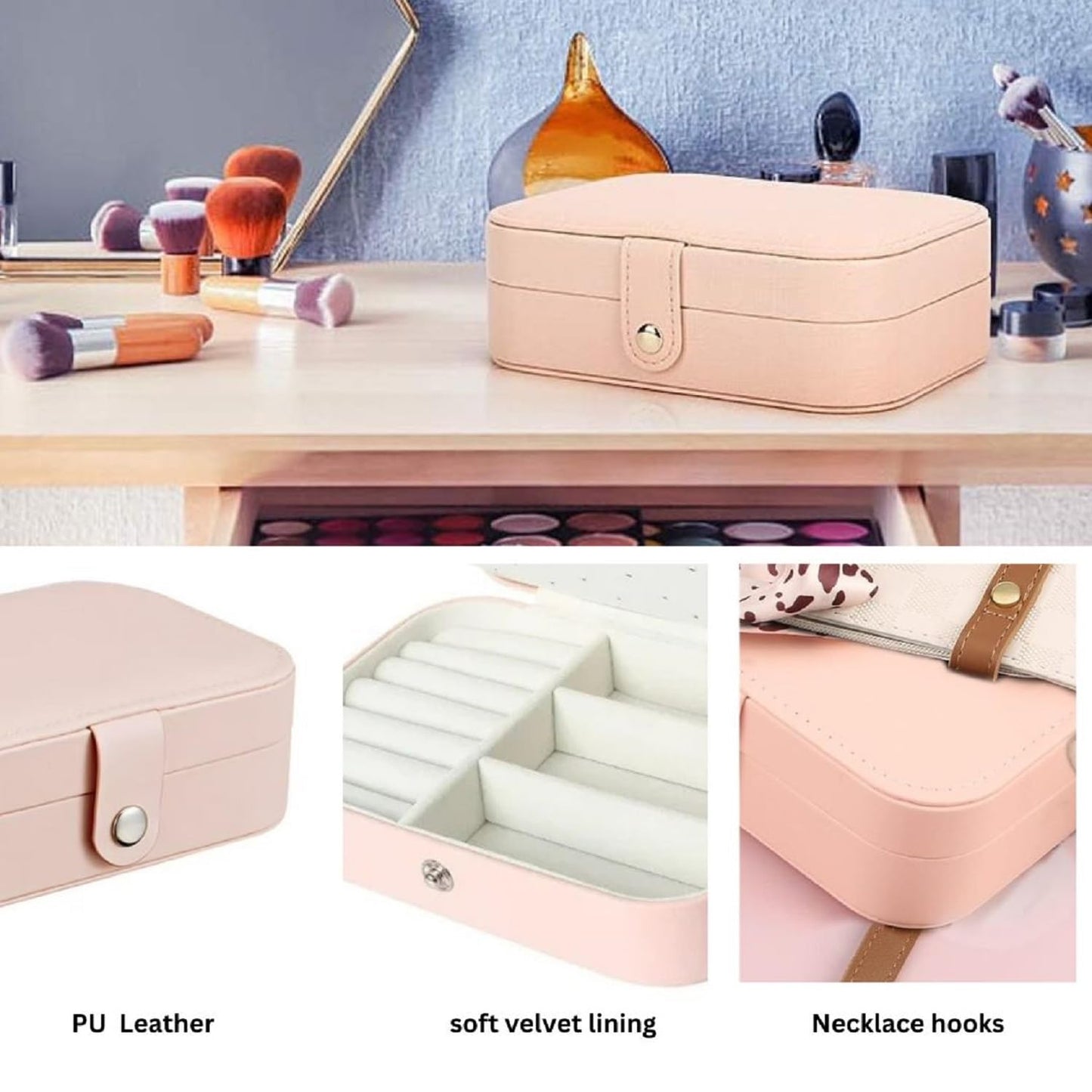 SNMMIFER Portable PU Leather Travel Jewelry Box, Small Organizer for Rings, Necklaces, Earrings, Pink