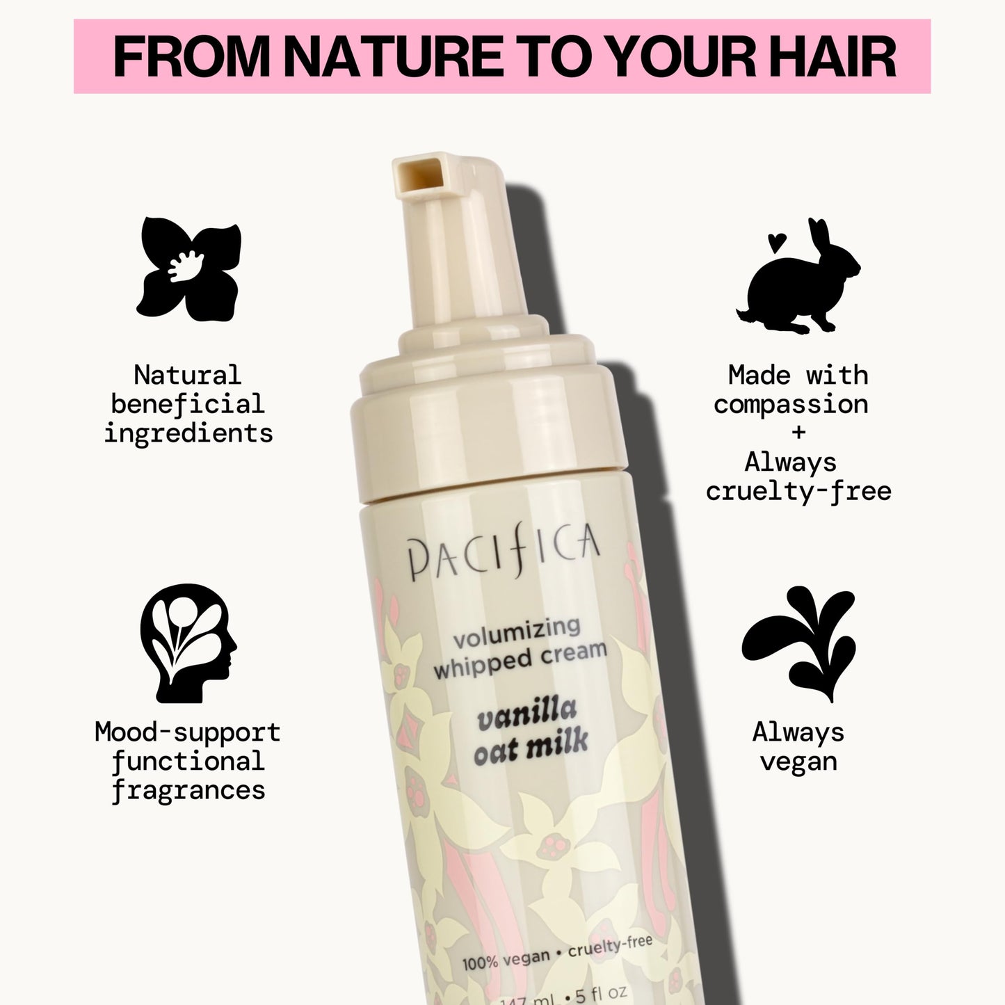 Pacifica Hair Mousse - Vanilla Oat Milk - Light Hold for Soft Volume & Hydration with Touchable Hold, Delightful Vanilla Scent, Vegan & Cruelty-Free