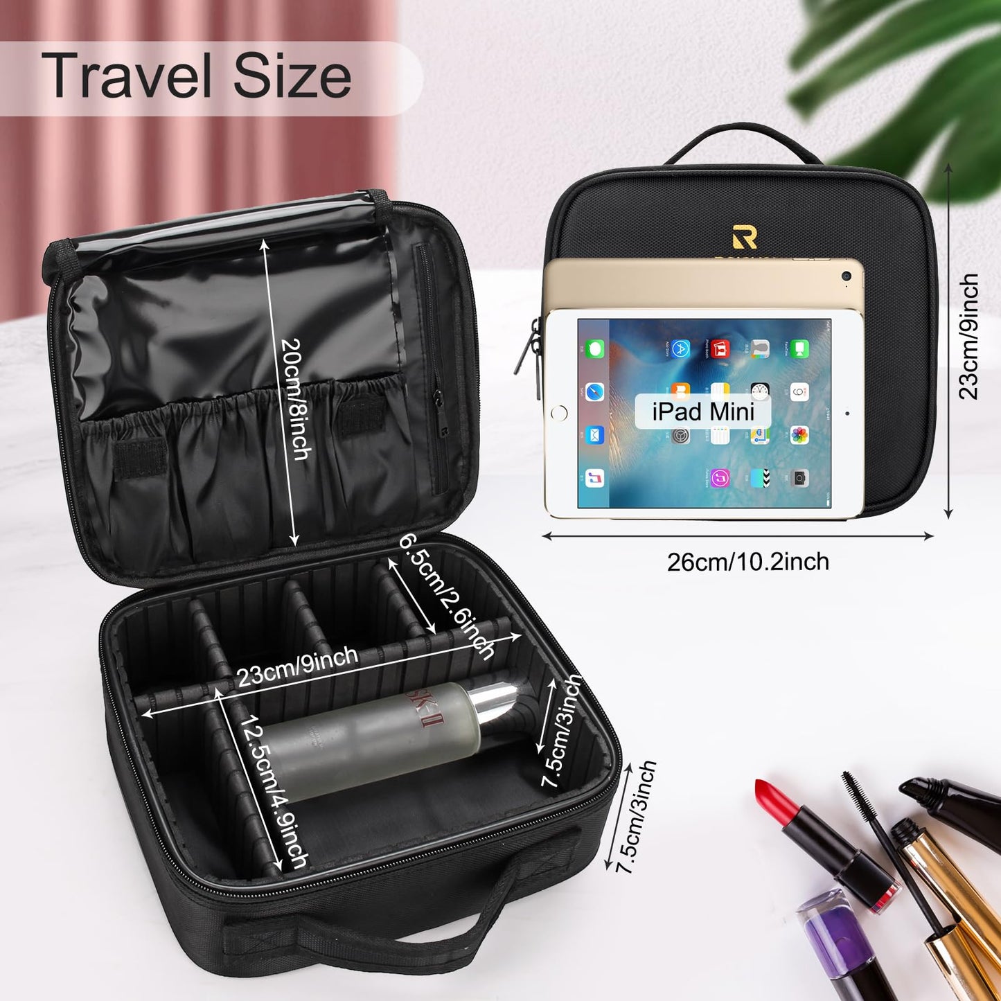 Relavel Travel Makeup Train Case Makeup Cosmetic Case Organizer Portable Artist Storage Bag with Adjustable Dividers for Cosmetics Makeup Brushes Beauty and Personal Care Relavel