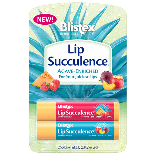 Blistex Lip Succulence, 2 Count, 0.15 oz Each, Strawberry Melon and Peach Plum Fruit Flavor with Hydrating Agave, Enriched Lip Moisturizer and Balm