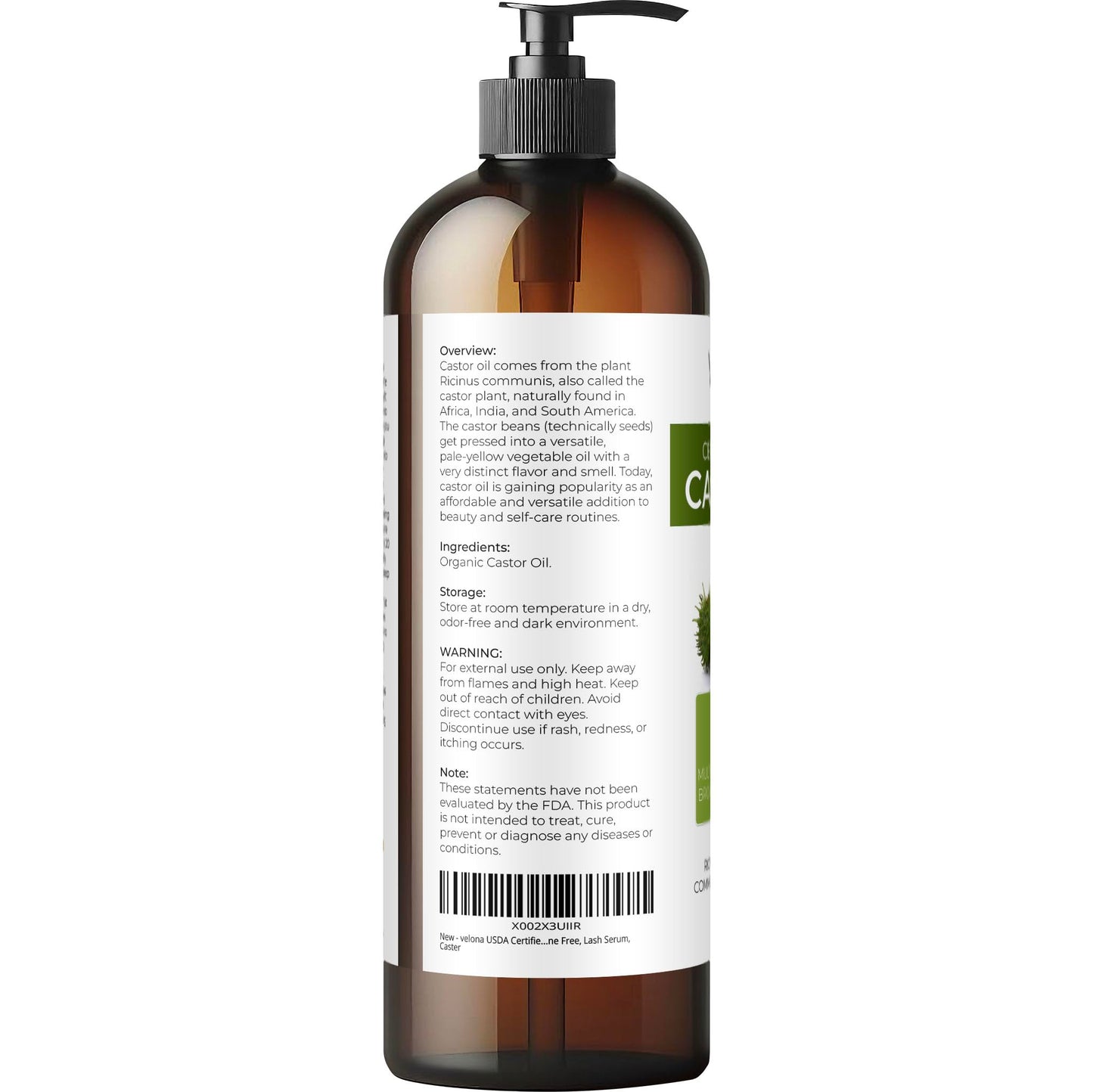 velona USDA Certified Organic Castor Oil - 16 fl oz (With Pump) | For Hair Growth, Boost Eyelashes, Eyebrows | Cold pressed, Natural Oil, USP Grade |