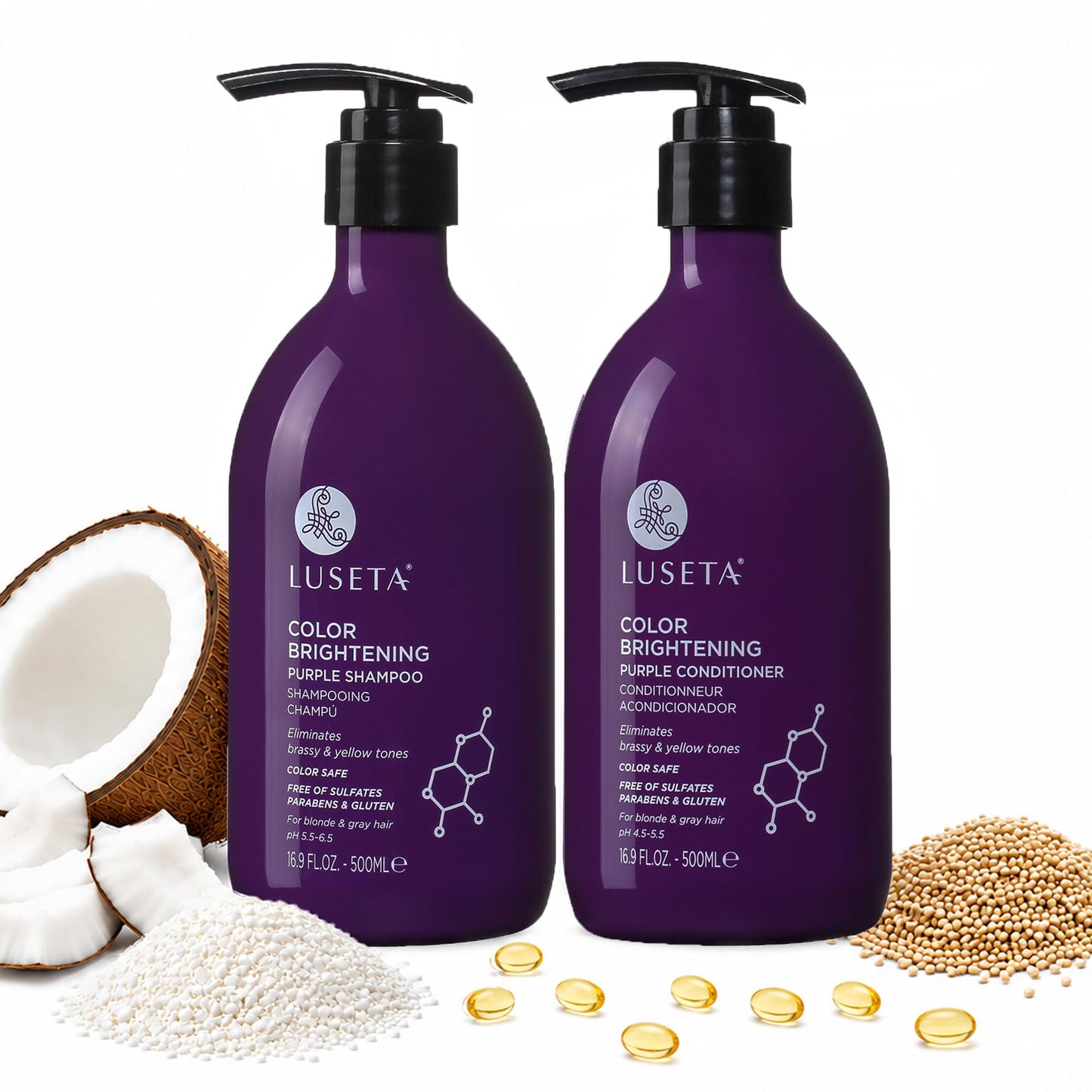Luseta Purple Shampoo and Conditioner Set for Blonde, Gray - Color Treated Hair - Sulfate Free Paraben Free - Infused with Cocos Nucifera Oil