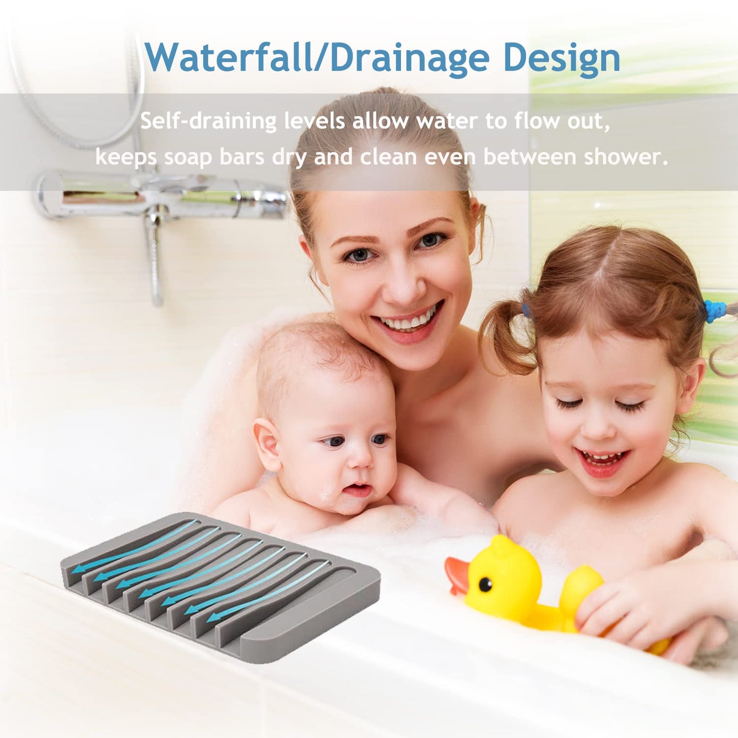 3-Pack Self Draining Soap Dishes – Silicone Waterfall Soap Holders Keep Bars Dry & Clean, Easy to Clean – White, Gray, Teal