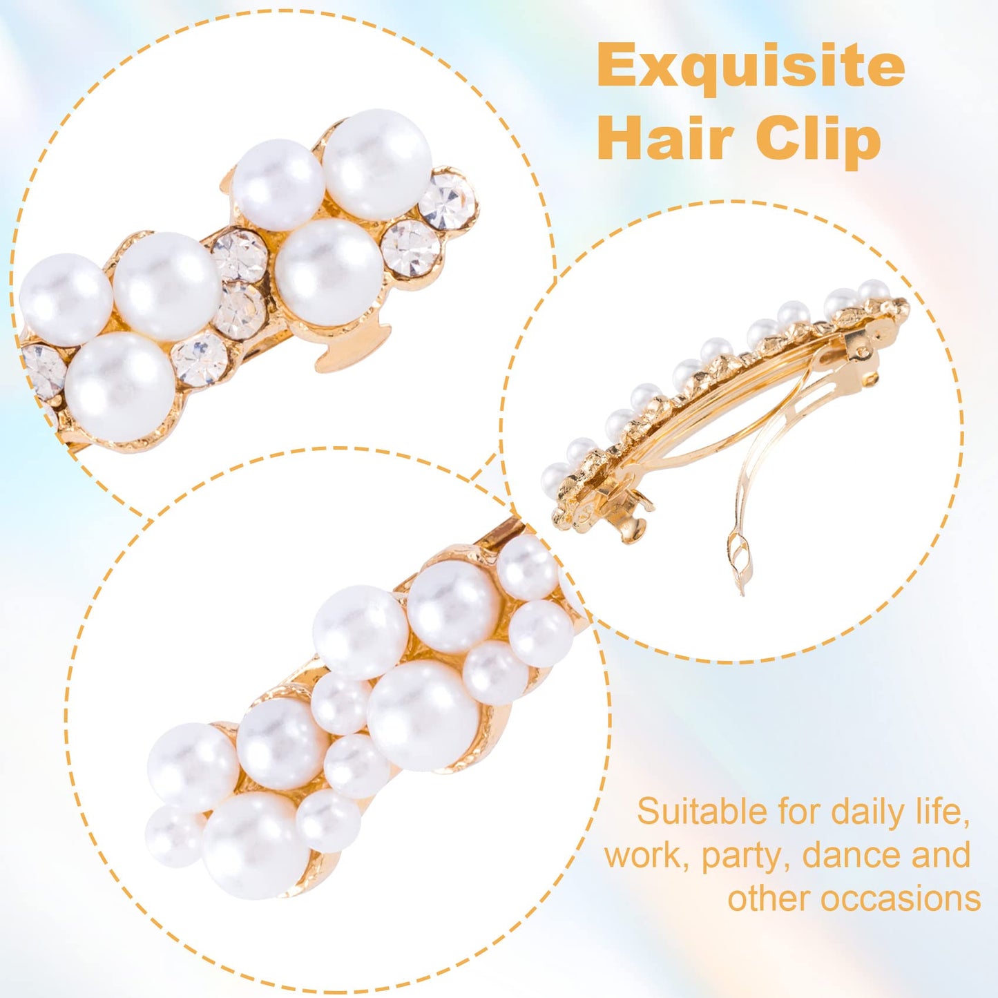 OIIKI Pearl Rhinestone Hair Snap Clips - Elegant Barrettes with Pins for Women, Girls, Brides, Parties, Wedding, Daily Use - Gold