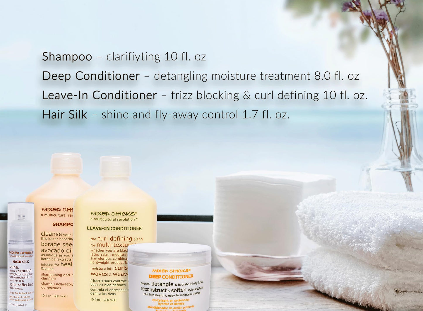 Mixed Chicks Quad Pack - Shampoo 10 fl. oz., Deep Conditioner, 8.0 fl. oz., Leave-In Conditioner, 10 fl. oz., Hair Silk, 1.7 fl. oz