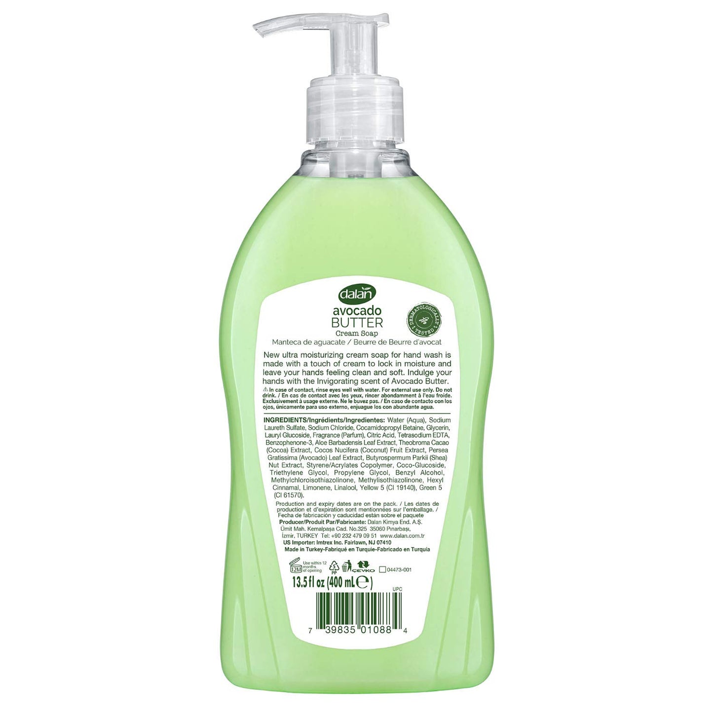 Dalan Avocado Butter Cream Ultra Moisturizing Liquid Hand Soap for Normal and Dry Hands Fresh Clean and Soft Feeling (13.5 Fl Oz / 400 mL (Pack of 1))