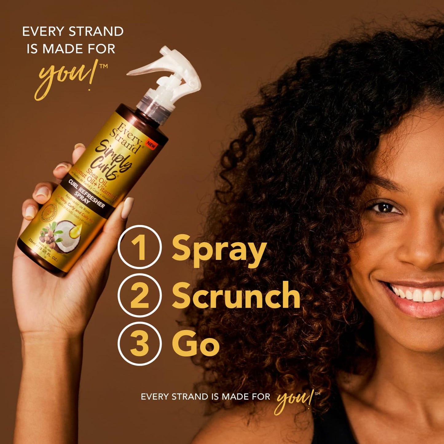 Every Strand Simply Curls Curl Refresher Spray 8 oz, Second Day Curl Reviving Spray with Coconut Oil, Shea Butter, and Vitamin E for Wavy and Curly
