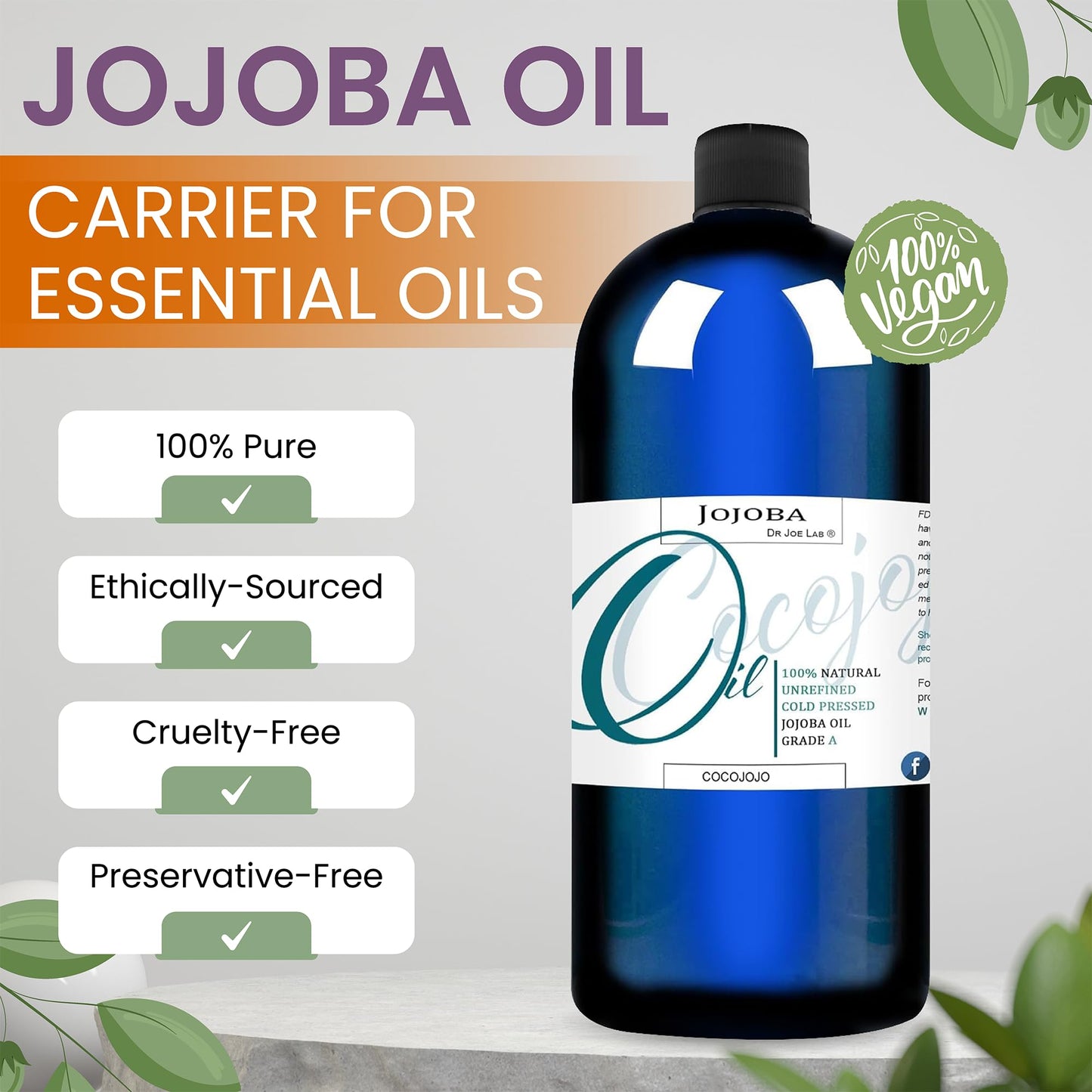 Cocojojo Jojoba Oil Organic, Jojoba Oil for Hair Growth for Skin, Face, 100% Pure Natural, Cold Pressed, Deep Moisturizing Anti-Aging, Essential Oils