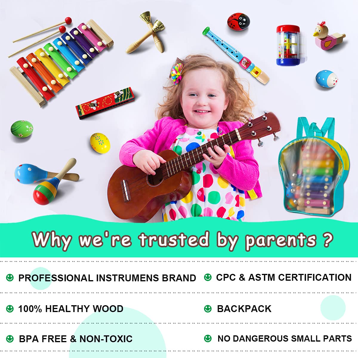 LOOIKOOS Toddler Musical Instruments – Wooden Percussion Toy Set with Storage Bag, Educational Music Toys for Kids, Boys & Girls