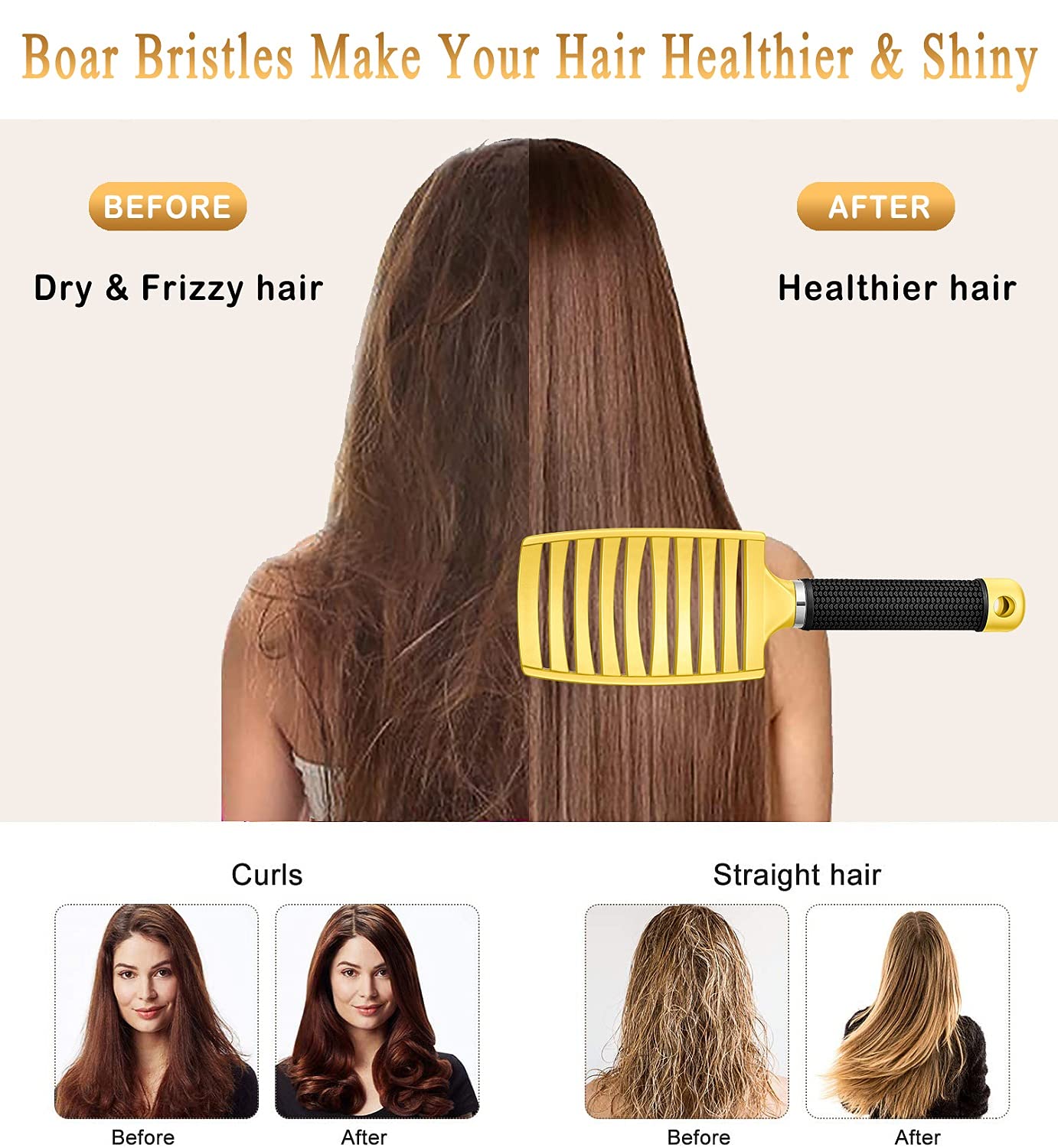 KTKUDY Detangling Brush Getting Knots Out without Pain - Boar Bristles HairBrush Make Hair Shiny & Healthier Vented Detangler Brush for Women Men Kids