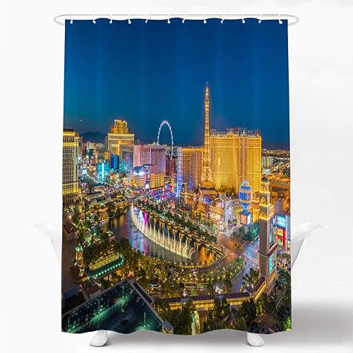 Shrahala Night USA Skyline Decorative Shower Curtain, Las Vegas Nevada Skyline Shower Stall Bathtubs Bathroom Decor Waterproof Funny 72x72 Inch