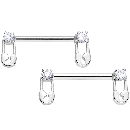 Body Candy 14G Womens Nipplerings Piercing 316L Steel 2Pc Clear Accent Safety Pin Nipple Ring Set 9/16"