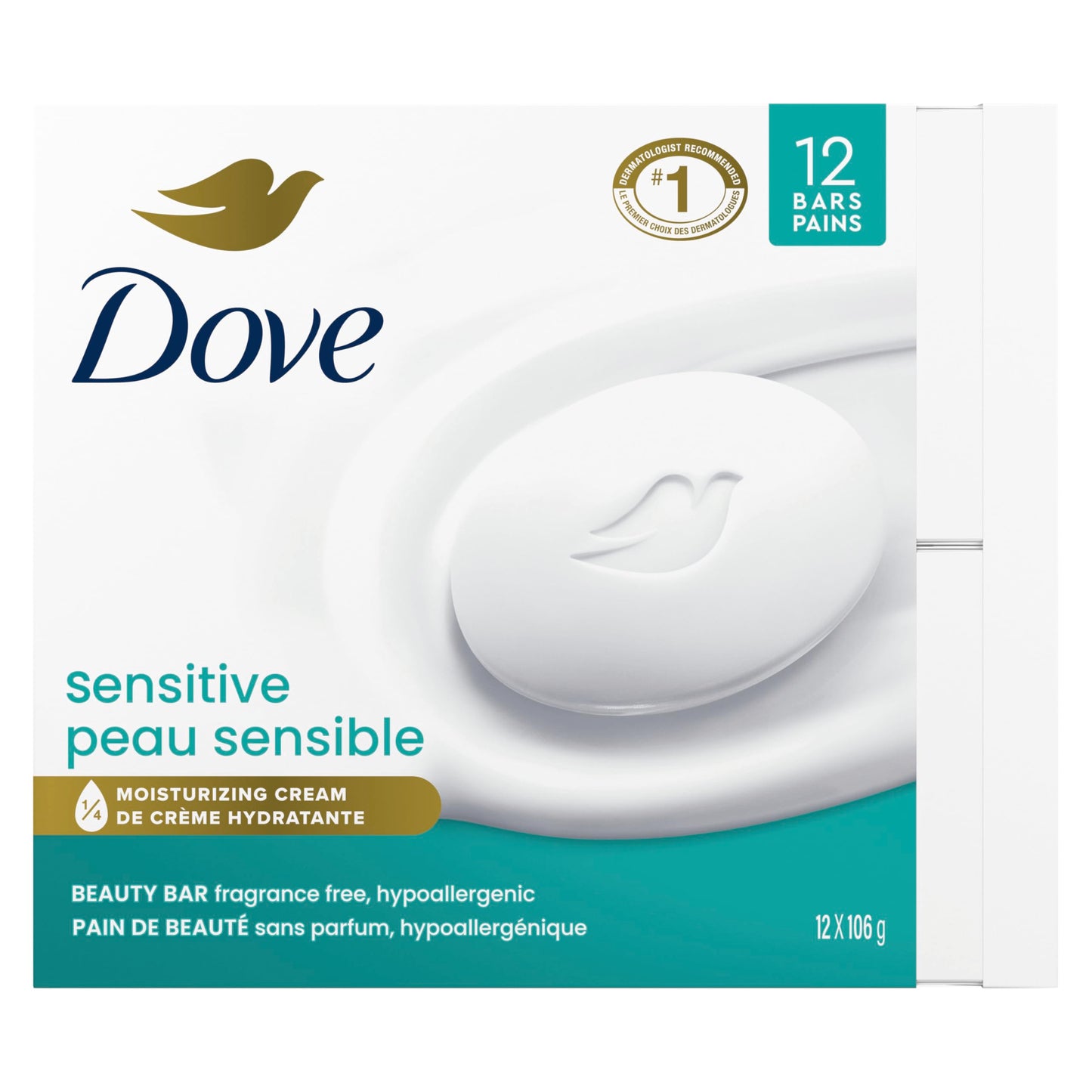 Dove Beauty Bar Soap 12 Bars Sensitive, for Sensitive Skin, Fragrance Free and Hypoallergenic 3.75 oz
