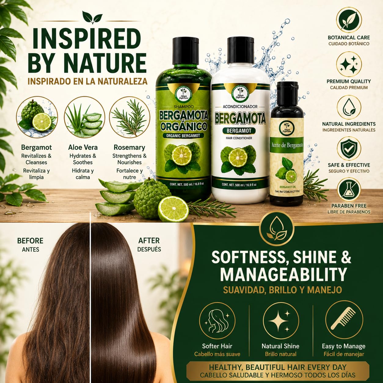 Shampoo Organic Bergamot + Conditioner (16.9 fl oz) with Aloe Vera & Rosemary | SHAMPOO ORGÁNICO BERGAMOTA con Sábila & Romero + Acondicionador 16.9
