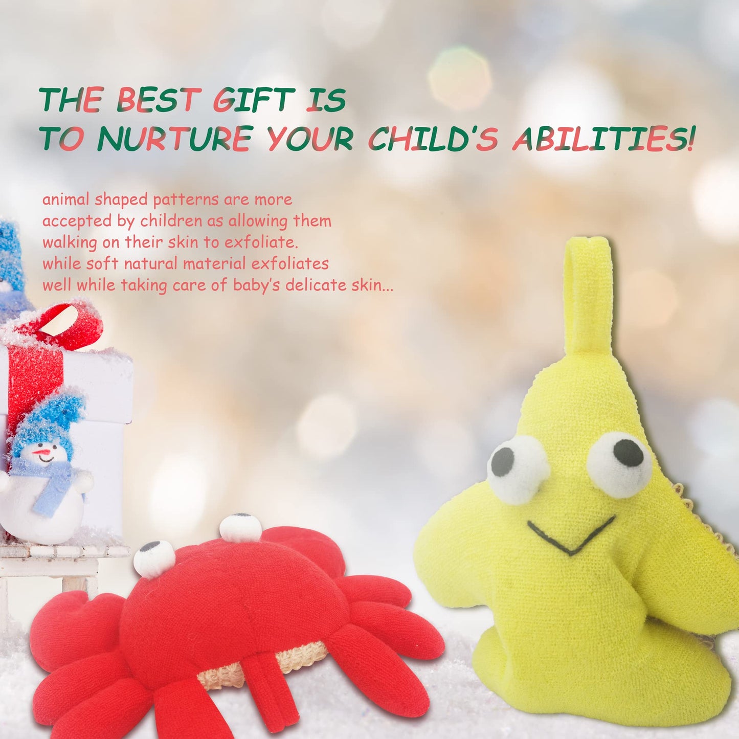 Bleu Bath (2 Pack) Animal Body Scrubber Natural Linen Shower Ball for Toddler Kids Gentle Exfoliating Bath Sponge Loofah Pouf in Yellow Starfish Red