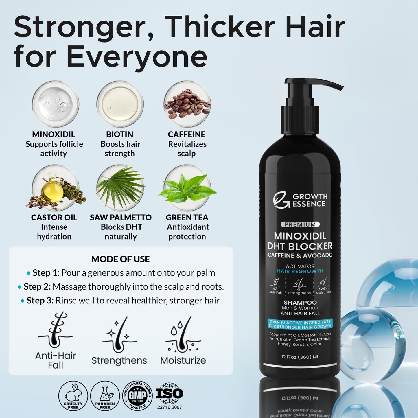 Minoxidil & Biotin Shampoo for Hair Growth - Enriched with Caffeine, Castor Oil & Onion - DHT Blocker for Thicker, Healthier Hair - Strengthening Beauty and Personal Care Growth Essence