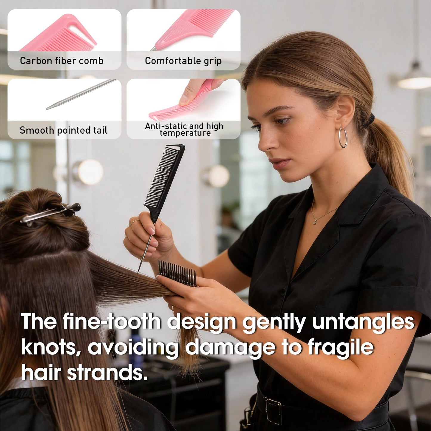 Rat Tail Combs Set: 3Pcs Long Steel Pin Teasing Combs for Salon Hair Stylists, Metal Parting Combs for Women (Purple, Black, Pink) Beauty and Personal Care Kunihiko