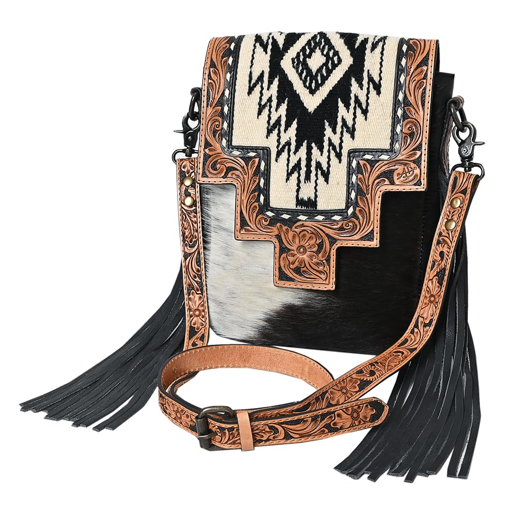 American Darling Messenger Hand Tooled Saddle Blanket Hair On Genuine Leather Western Women Bag Handbag Purse