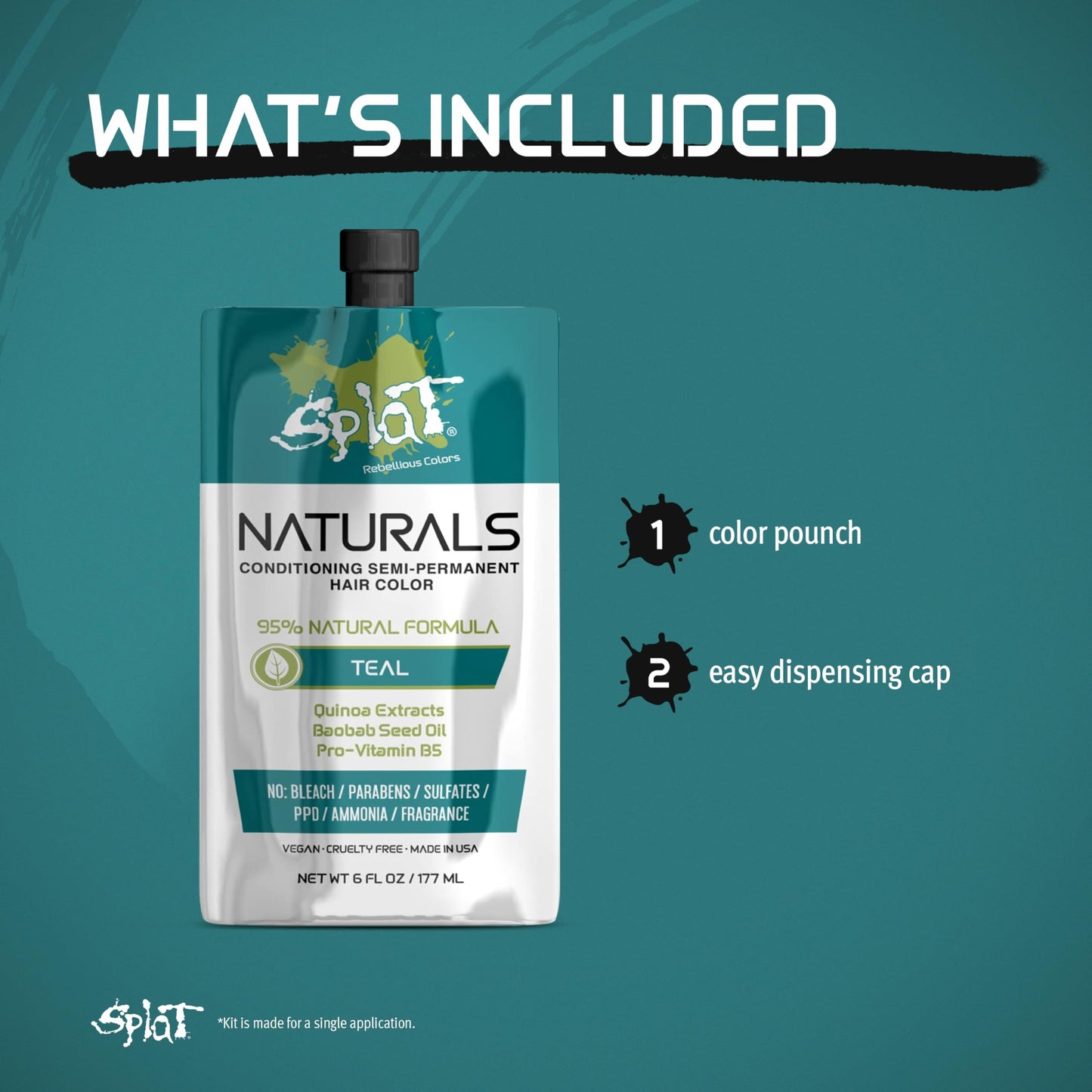 Splat Naturals Semi-Permanent Hair Color, Teal, 6 fl. oz., 95% Natural Hair Dye Formula Lasts Up to 30 Washes, Vegan & Cruelty-Free Semi Permanent