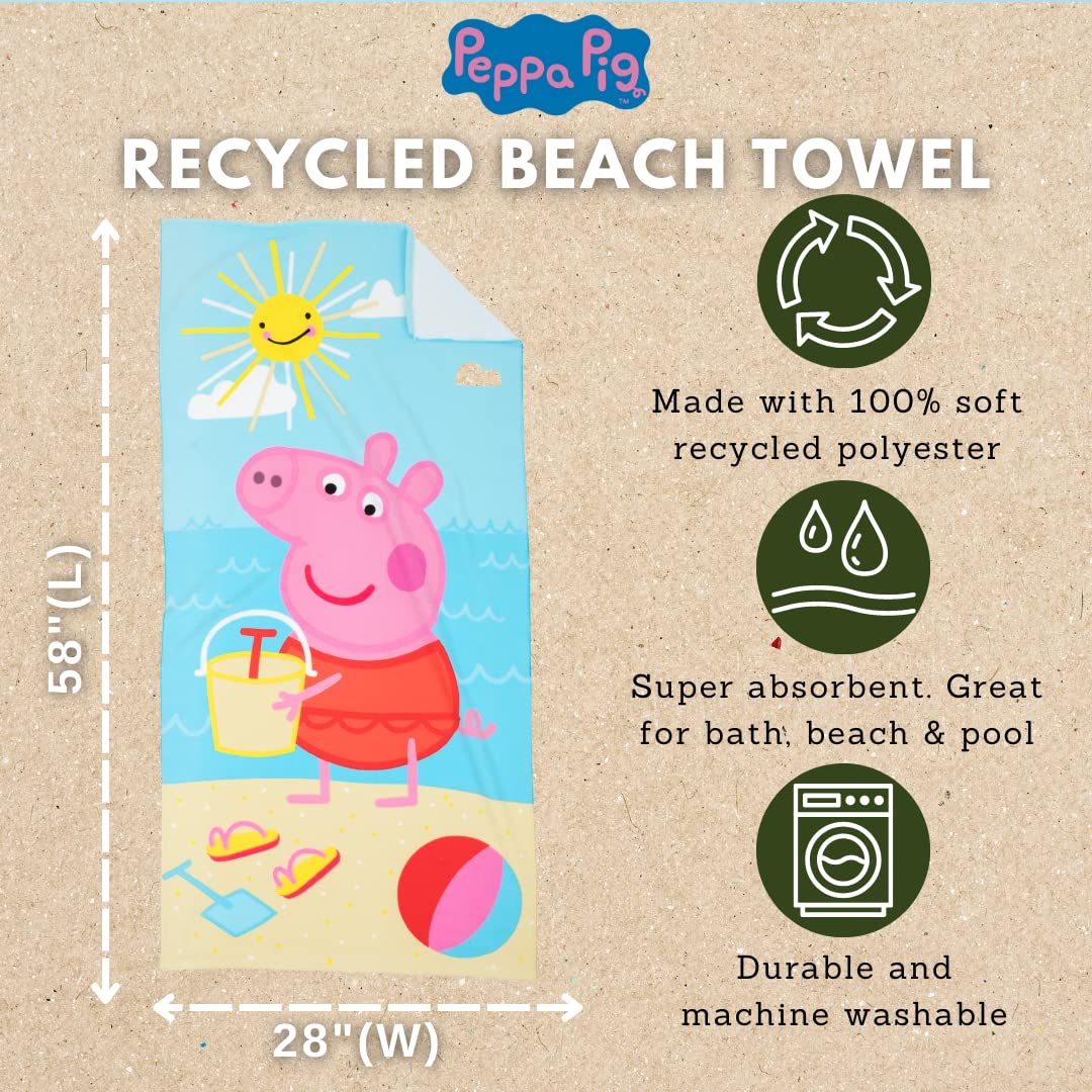 Franco Peppa Pig Kids Super Soft Lightweight 100% Recycled Bath/Pool/Beach Towel Made from Recycled Plastic Bottles, 58 in x 28 in, (100% Official…