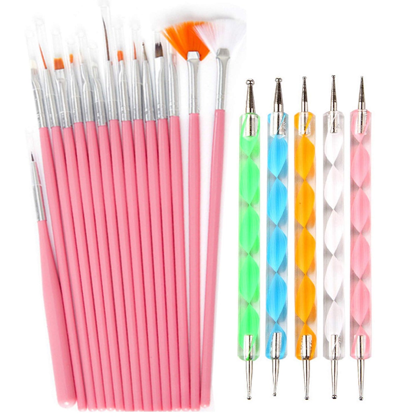 20pc Nail Art Painting Brush Pen Tools Kit UV Gel Building Drawing Linering Brushes Set Mandala Nail Dotting Pens (Pink)