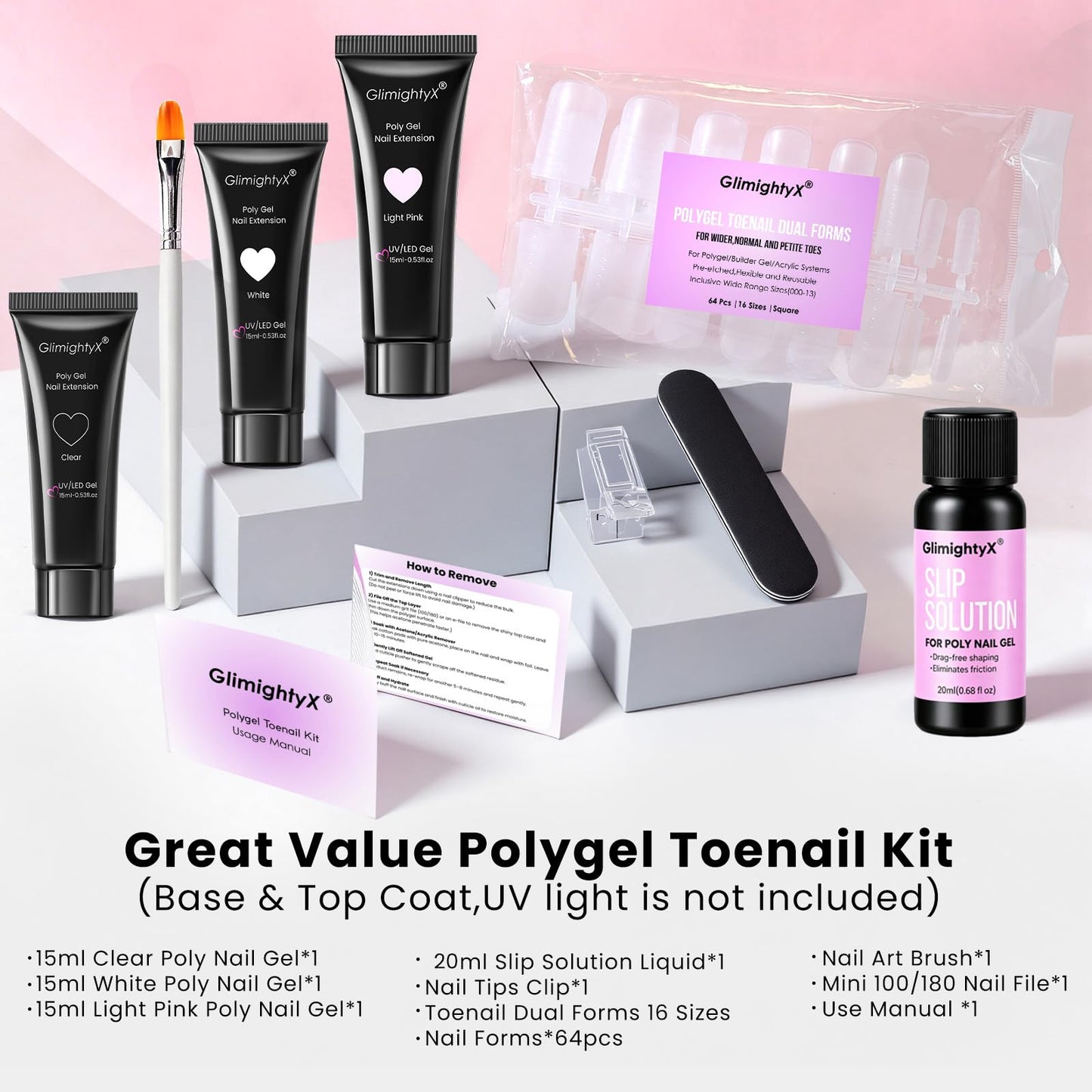 GlimightyX Polygel Toenail Kit, Clear White Pink with Toe Dual Nail Forms Beauty and Personal Care GlimightyX