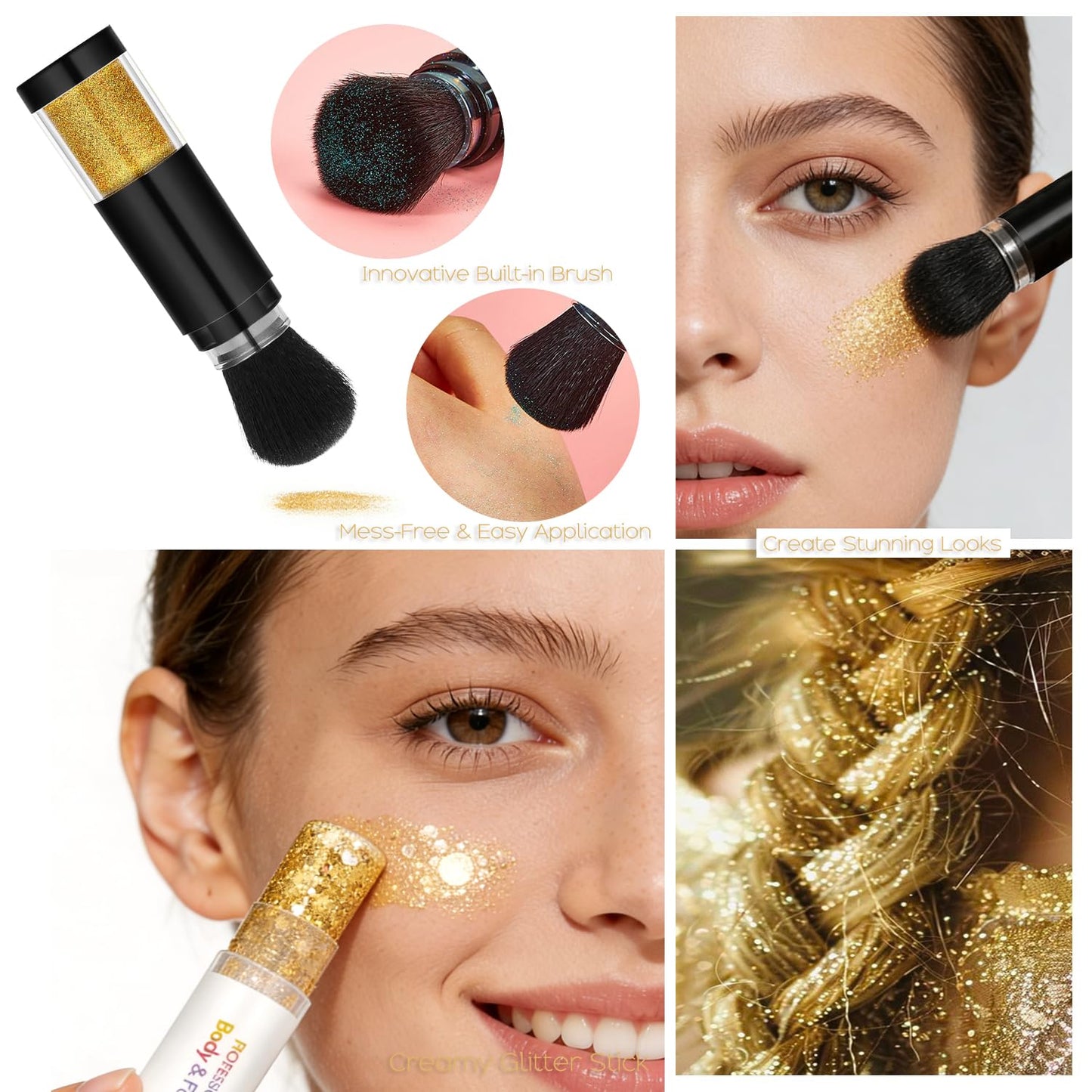 Holographic Mermaid Glitter Makeup Kit: 2-in-1 Body & Face Stick & Loose Powder with Built-in Brush for Festival, Rave, Concert, Carnival | Shimmery