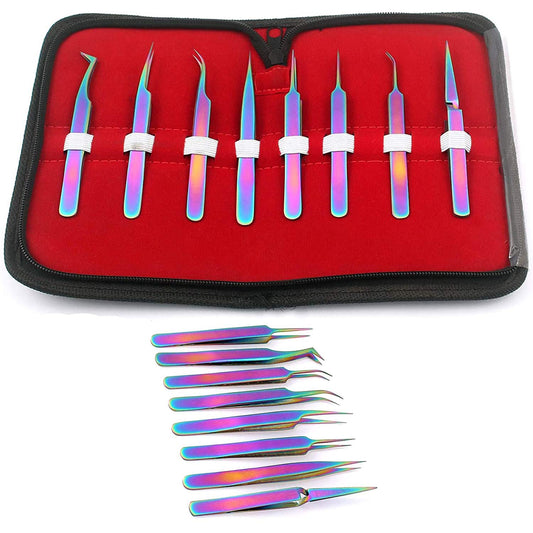 OdontoMed2011® Set of 8 Piece Stainless Steel Multi Rainbow Color Eyelash Extension Tweezers Beauty and Personal Care OdontoMed2011