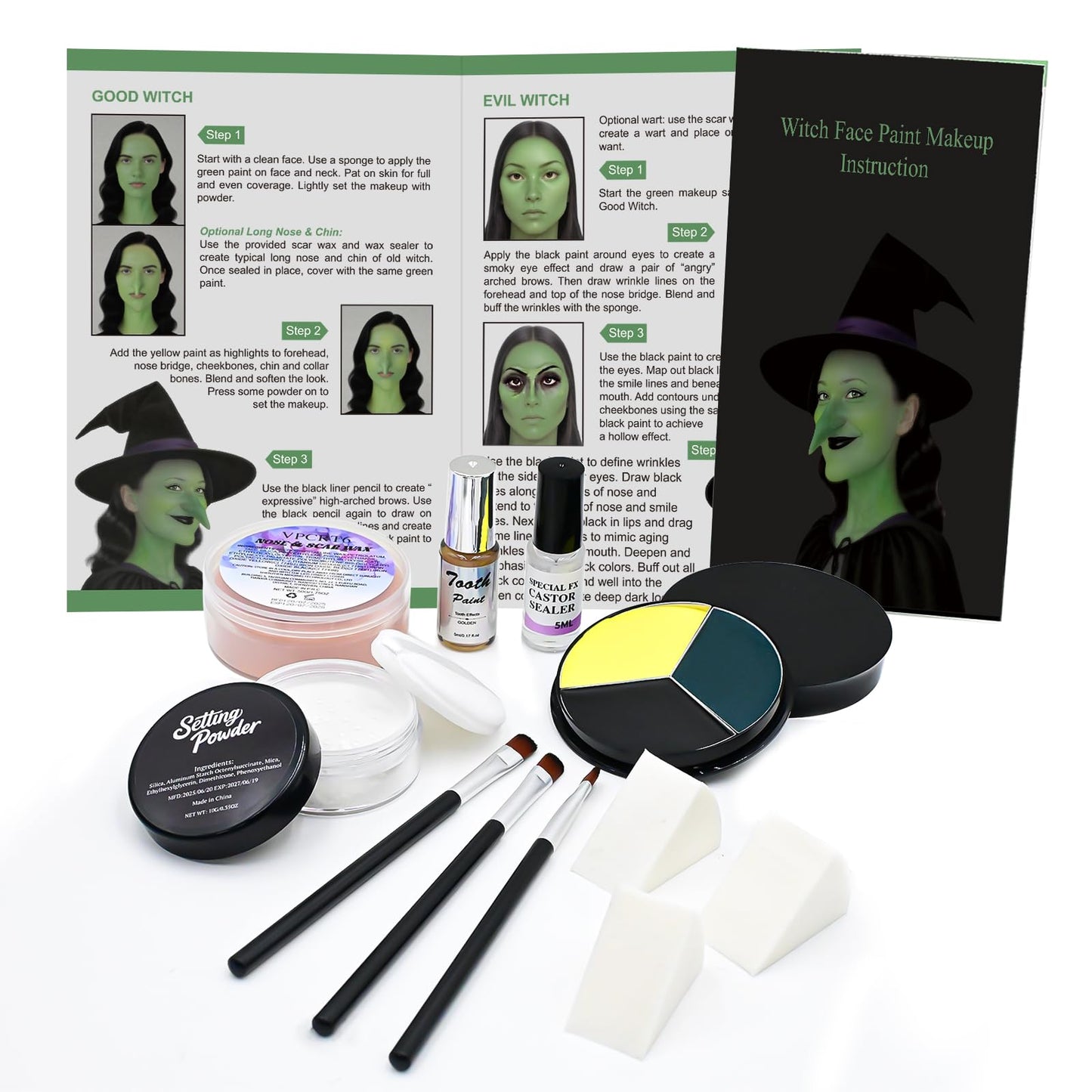 Halloween Witch Makeup Kit, SFX Character Set with Face Paint, Complete SFX Set for Halloween, with Scar Wax for Special Effects Costume Makeup