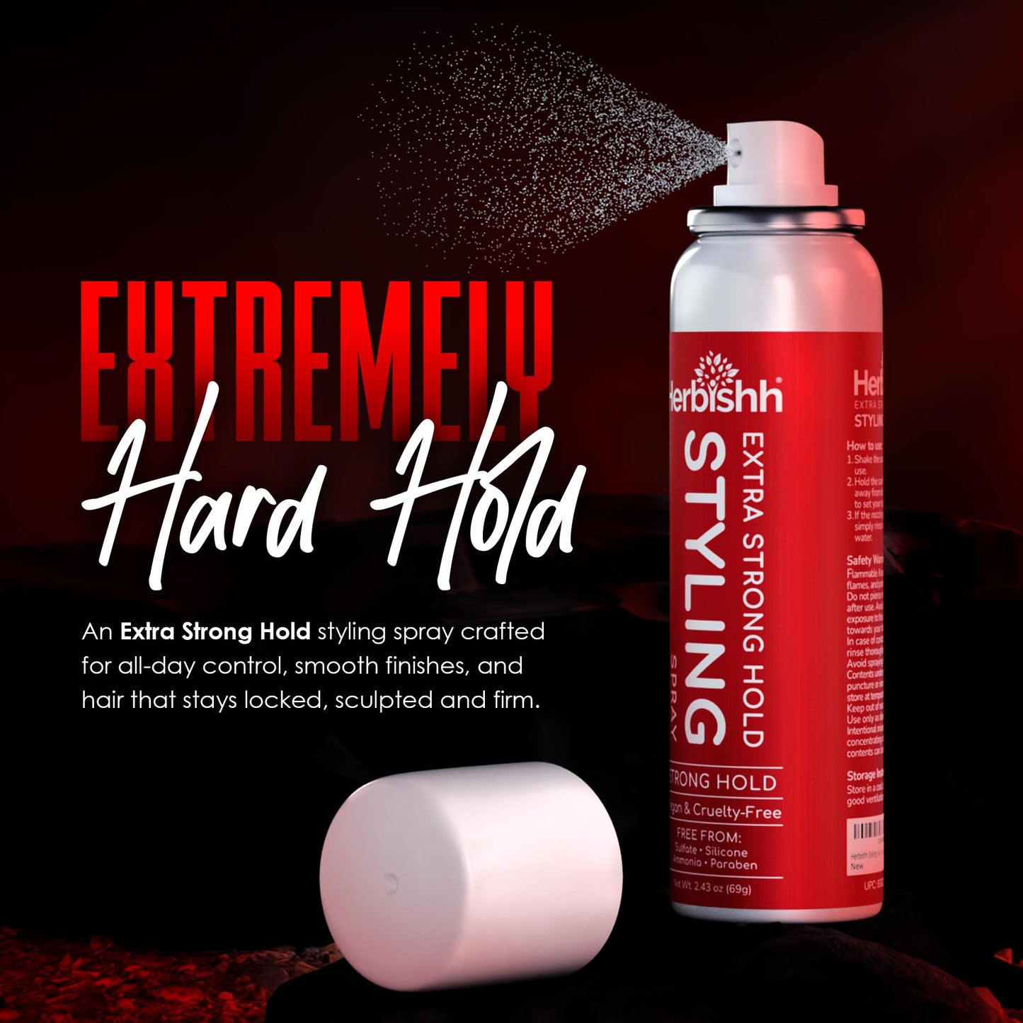 Herbishh Extra Strong Hold Styling Spray (69 g), Mini Travel Size Aerosol Mist for Fine Hair, Long Lasting & Non-Sticky, Flake-free & Quick Drying