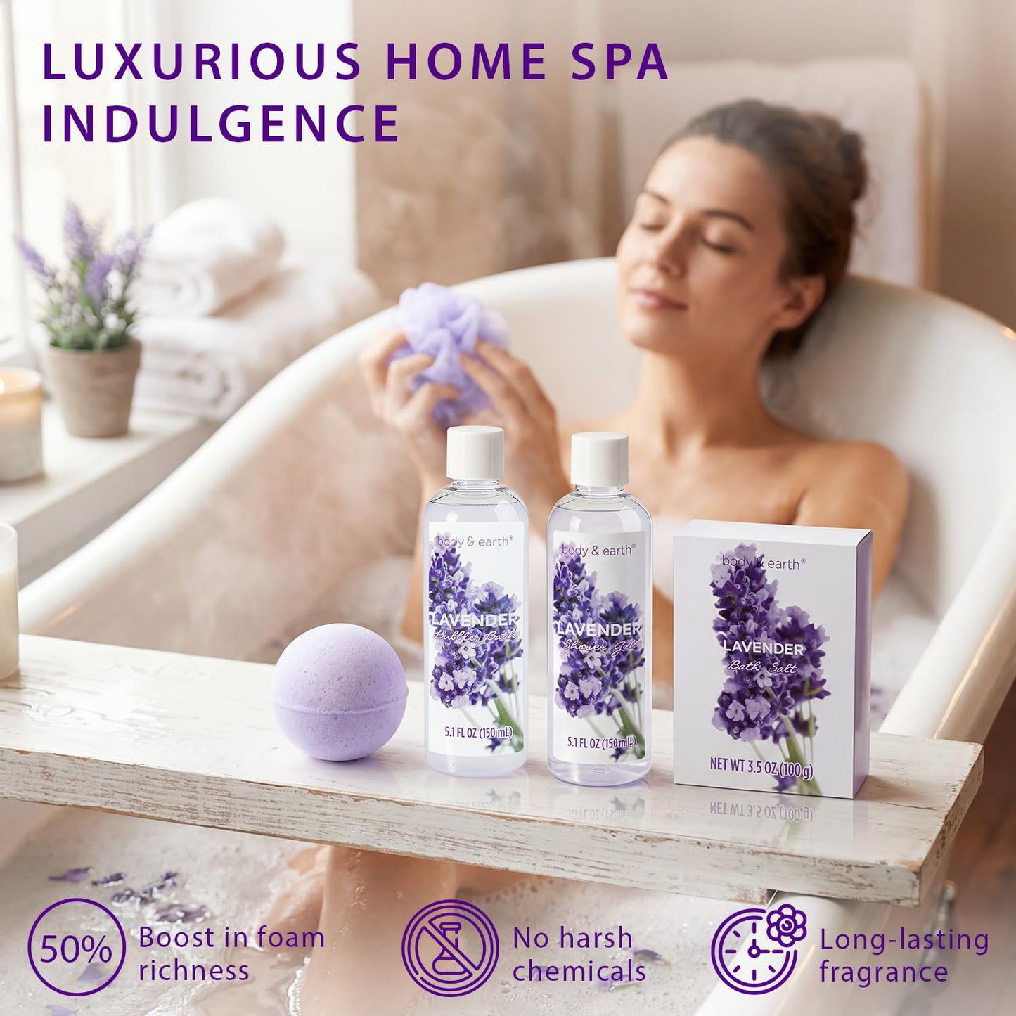 BODY & EARTH Spa Gift Baskets for Women 11pcs Lavender Gift Sets with Bubble Bath, Shower Gel, Body Lotion, Mom Birthday Gifts, Spa Kit, Purple Gift Beauty & Personal Care BODY & EARTH