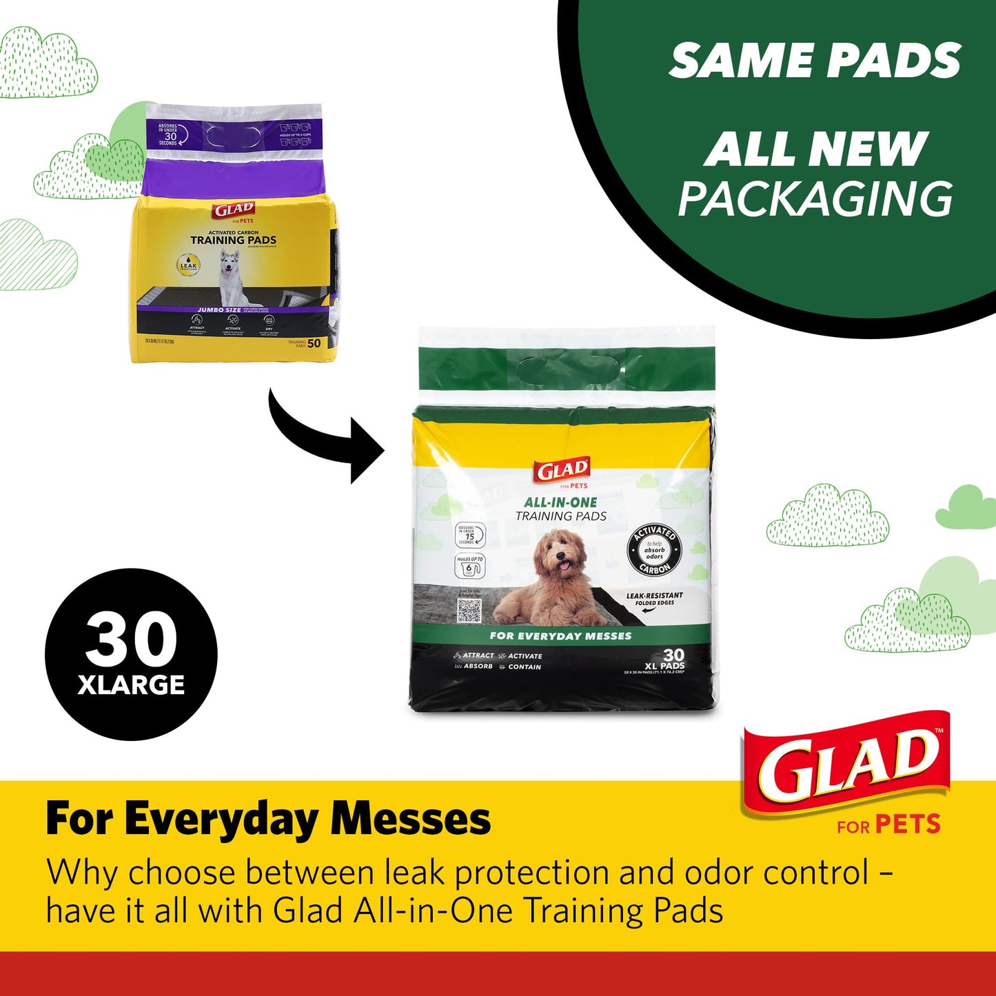 Glad for Pets Extra Large Charcoal Dog Training Pads – Jumbo Absorbent Disposable Pee Pads for Dogs, Cats & Puppies, Neutralize Urine Instantly, 30 Count