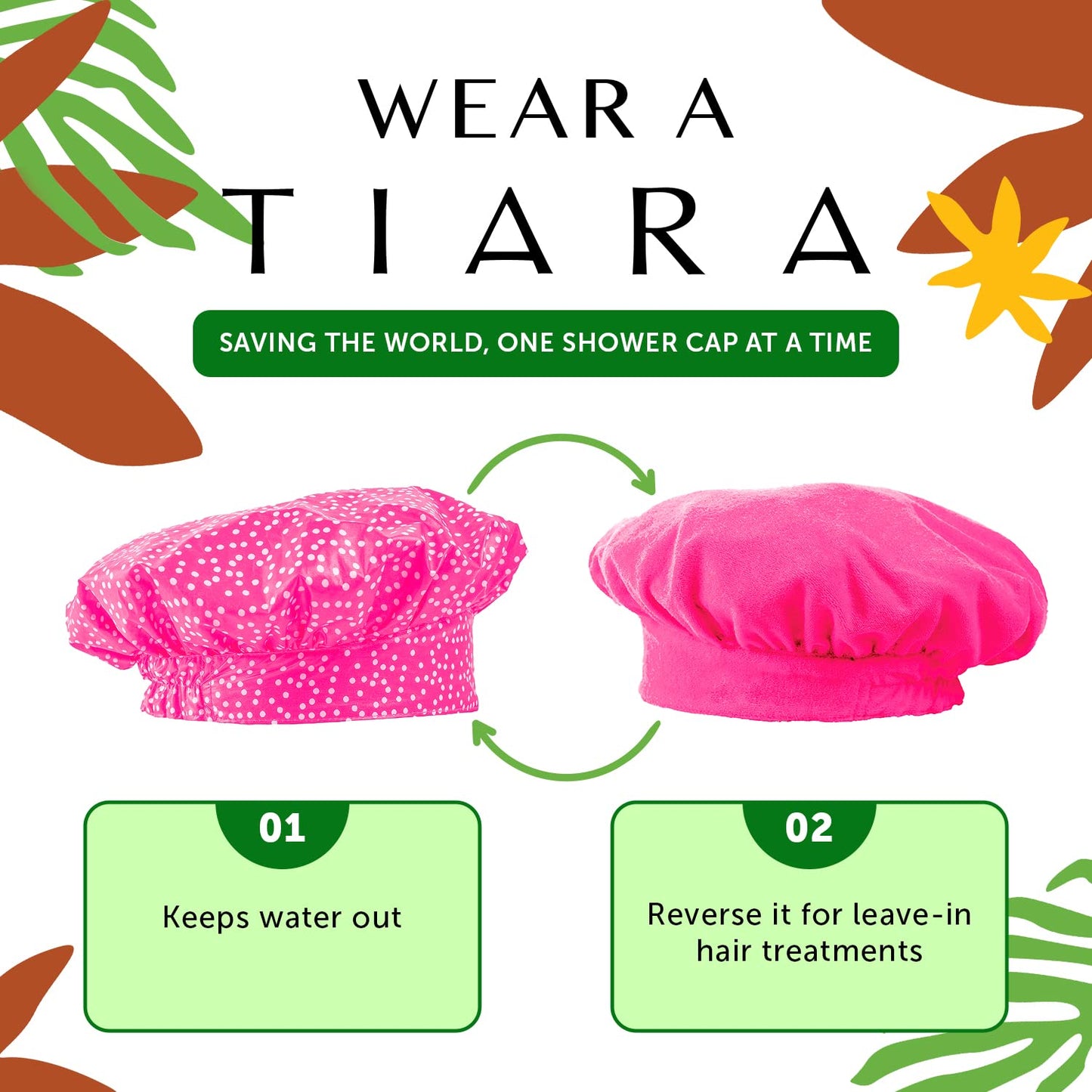 TIARA 2-in-1 Luxury Shower Cap for Women Reusable Waterproof - Hair Cap for Long & Short Hair - All Size Fit Flexi Shower Cap, Terry Lined Leakproof
