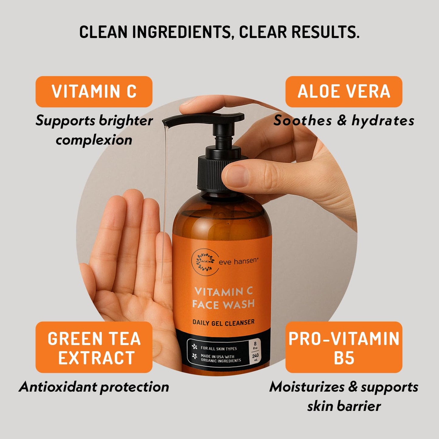 Vitamin C Cleanser Face Wash - HUGE 8 oz Gentle Facial Cleansing Gel for Uneven Skin Tone, Age Spots and Fine Lines - Natural Face Soap with Aloe