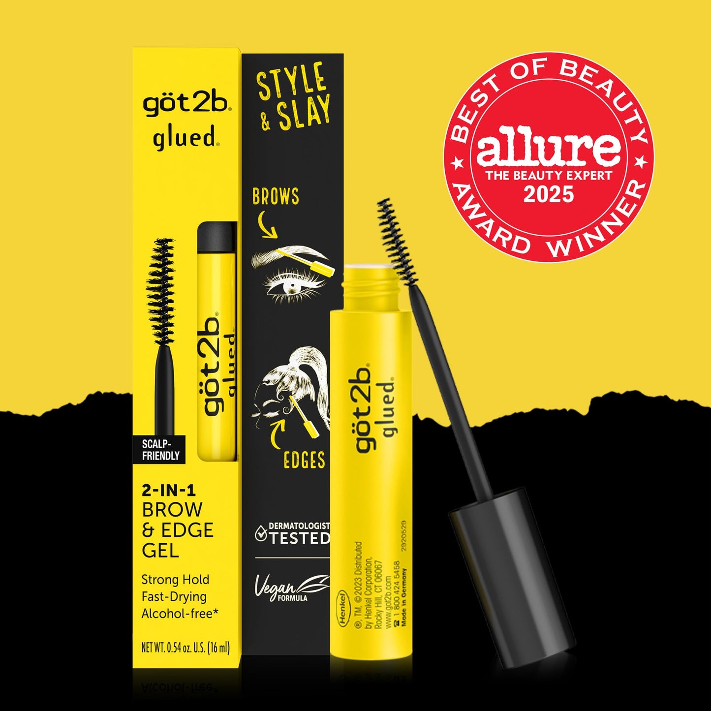 got2b Glued 2-in-1 Brow Gel & Edge Control, 0.54 Fl Oz, Strong Hold Styling Eyebrow Gel and Hair Mascara for Flyaways and Frizz with Castor Oil