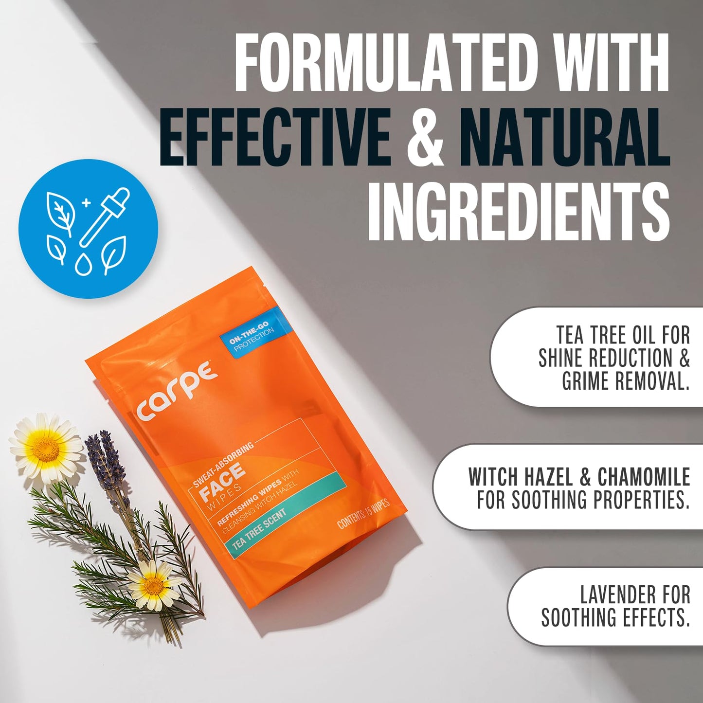 Carpe Sweat Absorbing Face Wipes (15 Facial Wipes). Witch Hazel & Tea Tree Oil Wipes Infused with Eucalyptus. Energizing, Refreshing, and Soothing