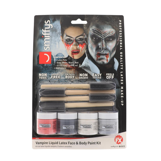 Vampire Liquid Latex Face and Body Paint Kit- 4-Pack 1 Ounce, 4 Brush-Set Special Effects, Art, Theater, Parties, Cosplays, Carnivals, and Flexible