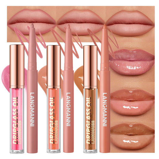 6pcs Hydrating Lip Oils + Lip Liner Pencil Lip Combo Sets, 24H Long-Lasting Lip Kit with Lip Liner and Gloss, Nourishing, Non-Sticky Tinted Stain Lip Beauty and Personal Care BestLand Default Title