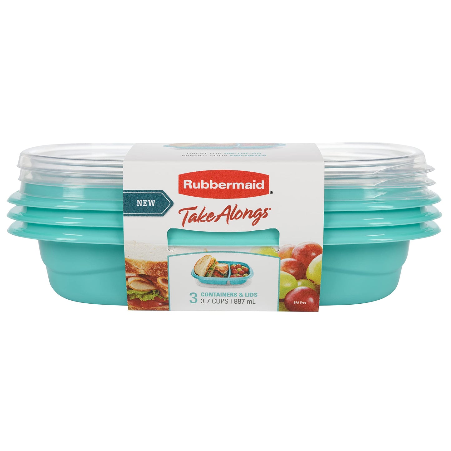 2 Sets of Rubbermaid TakeAlongs On the Go Food Storage and Meal Prep Containers, 3.7 Cup Divided Rectangle, 3-Pack, Teal Splash