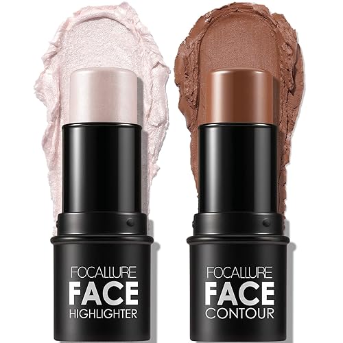 FOCALLURE 2 Pcs Contour Foundation Stick, Highlighter & Bronzer Pen, Face Brightens & Shades Pencil, Highlighting Shade Longwear Makeup, Highlight