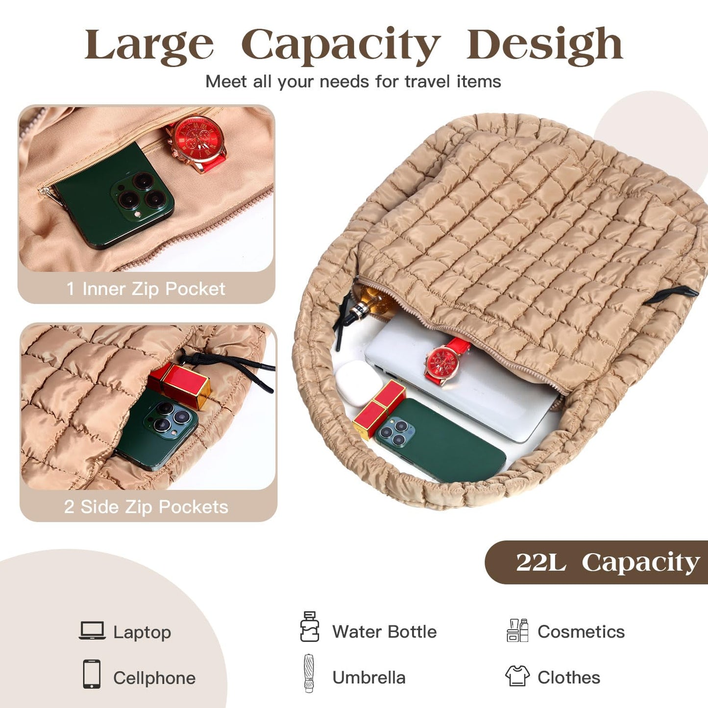 Puffer Tote Bag Large Puffy Quilted Soft Quilted Crossbody Bag Carryall Hobo Handbags for Women Girl (Khaki)